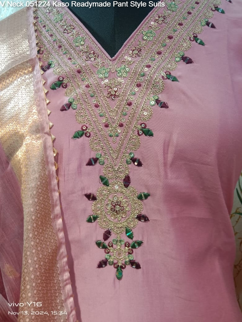 V Neck 051224 Kaso Roman Silk Readymade Pant Style Suits Supplier India