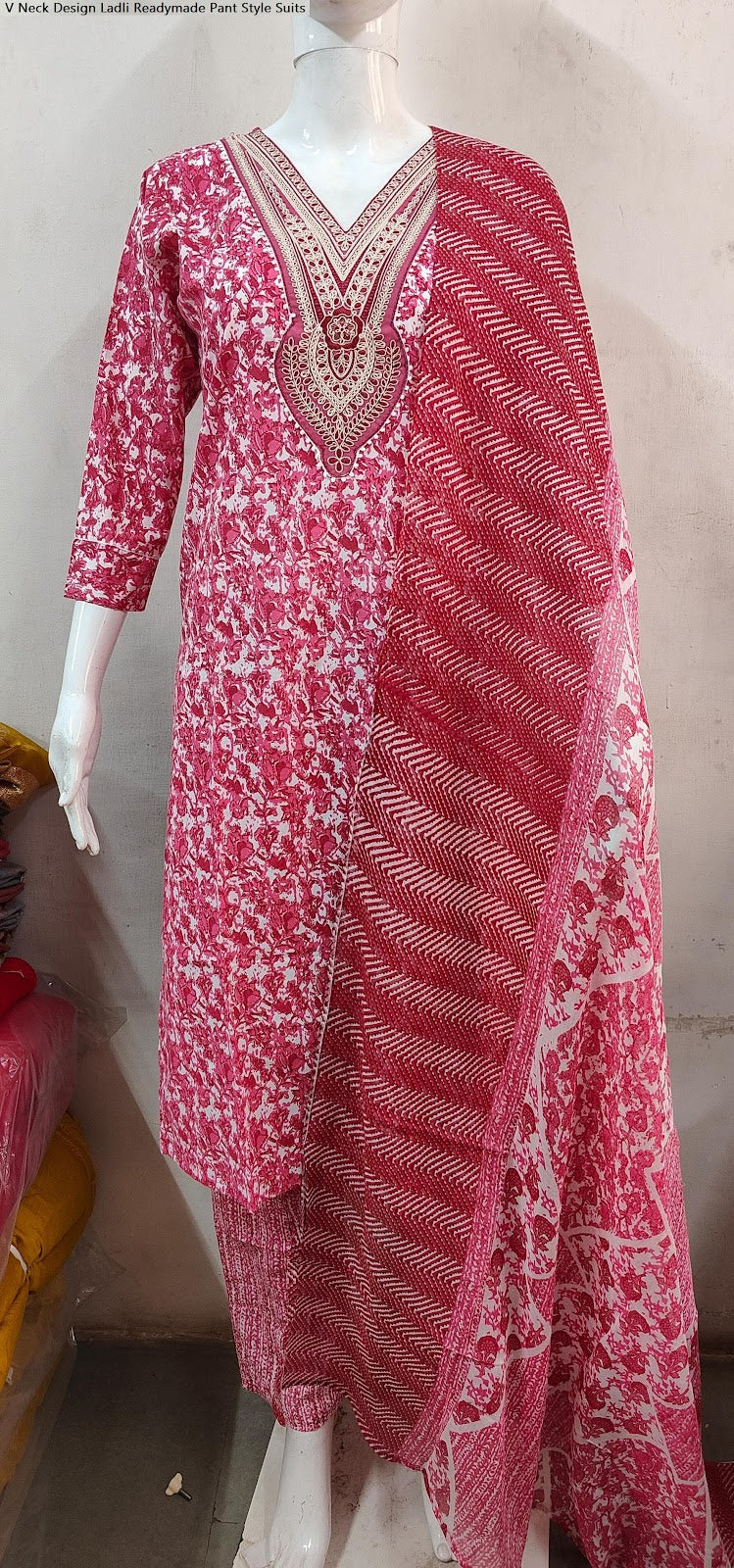 V Neck Design Ladli Cotton Cambric Readymade Pant Style Suits Supplier India