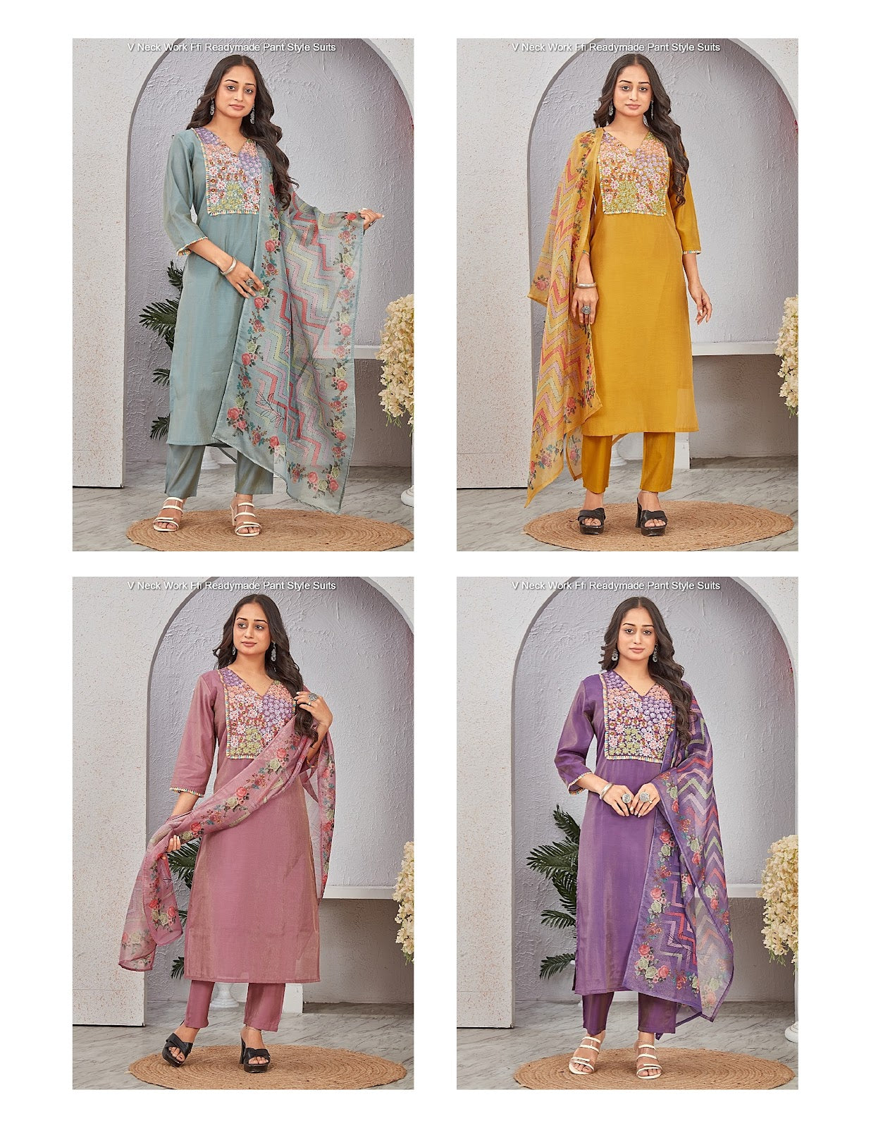 V Neck Work Ffi Roman Simmer Readymade Pant Style Suits Wholesale