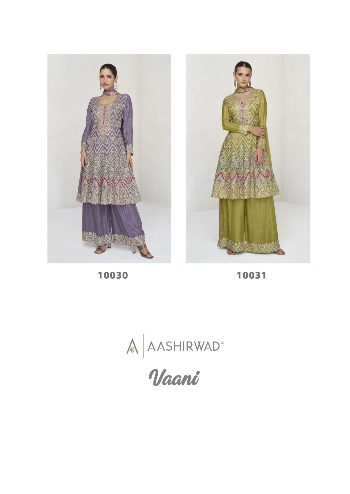 Vaani Aashirwad Creation Chinnon Silk Readymade Plazzo Style Suits Wholesale Rate