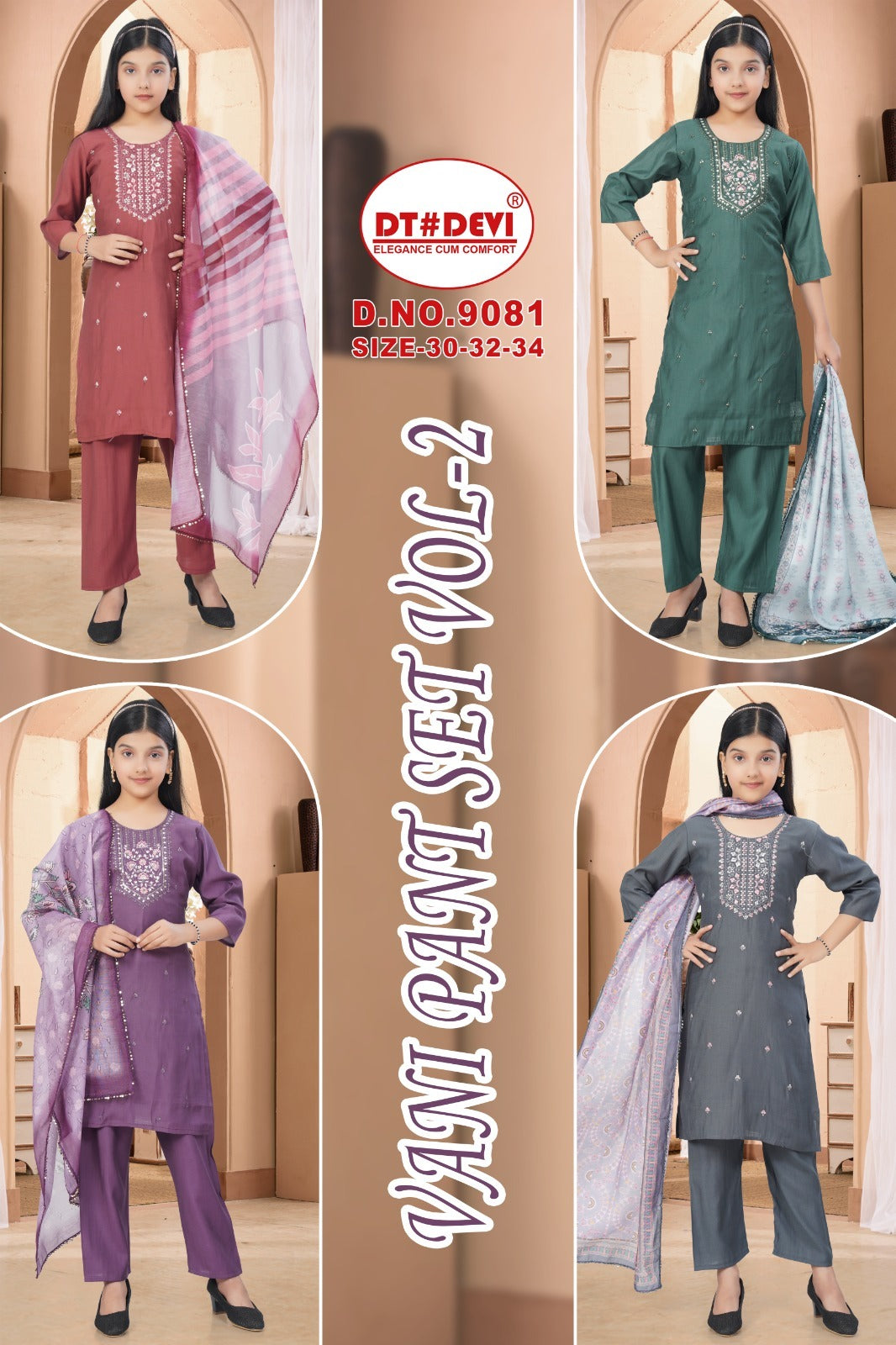 Vani Vol 2 Dn 9081 Dt Devi Roman Silk Girls Readymade Pant Suits Manufacturer