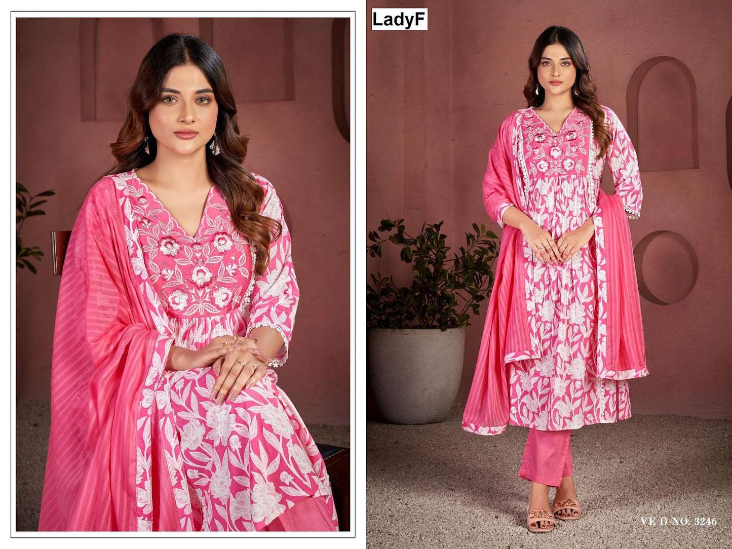 Ved No 3246-3247 Ladyf Cambric Cotton Readymade Anarkali Suits Wholesaler Ahmedabad