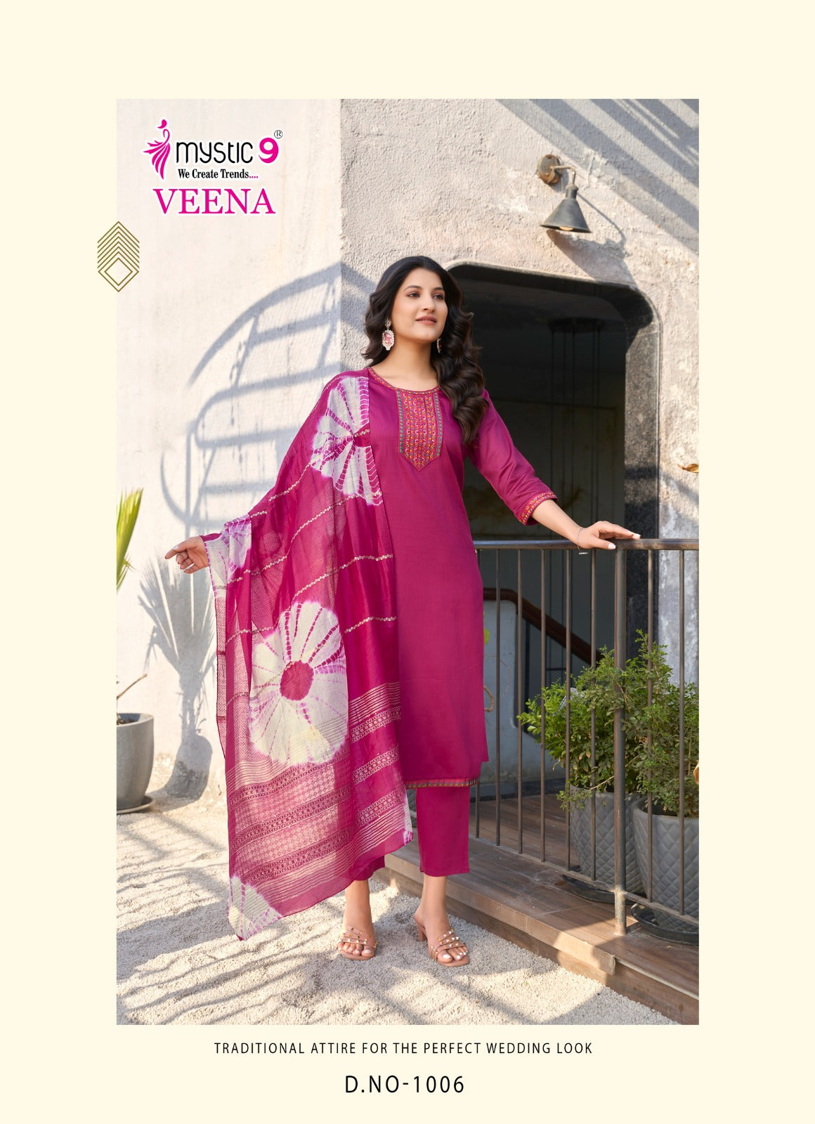 Veena Vol 1 Mystic 9 Jam Satin Readymade Pant Style Suits Wholesaler Ahmedabad