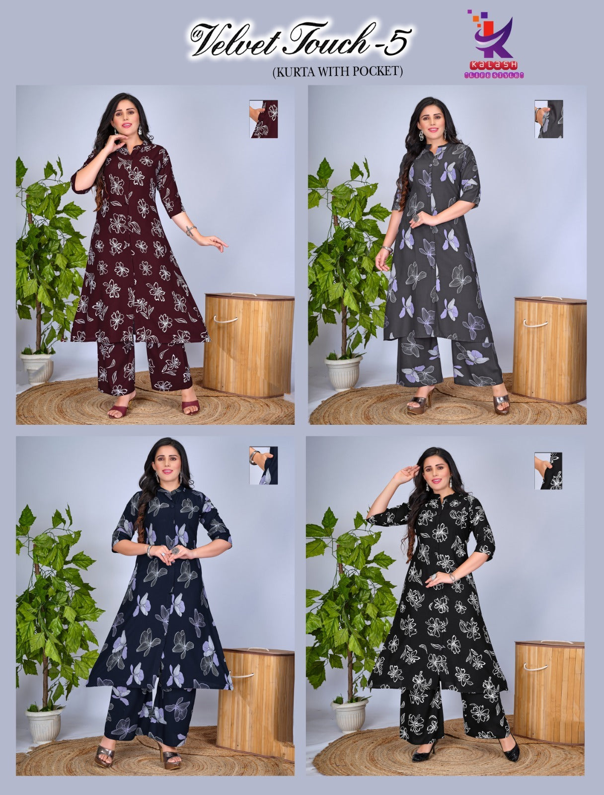 Velvet Touch 5 Mlm Kalash Lifestyle Rayon 22Kg Kurti Plazzo Set Supplier Gujarat