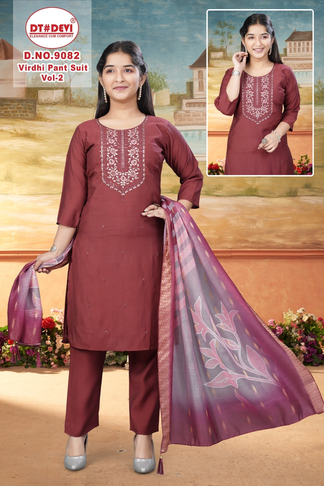 Virdhi Vol 2 Dn 9082 Dt Devi Roman Silk Girls Readymade Pant Suits Supplier Gujarat