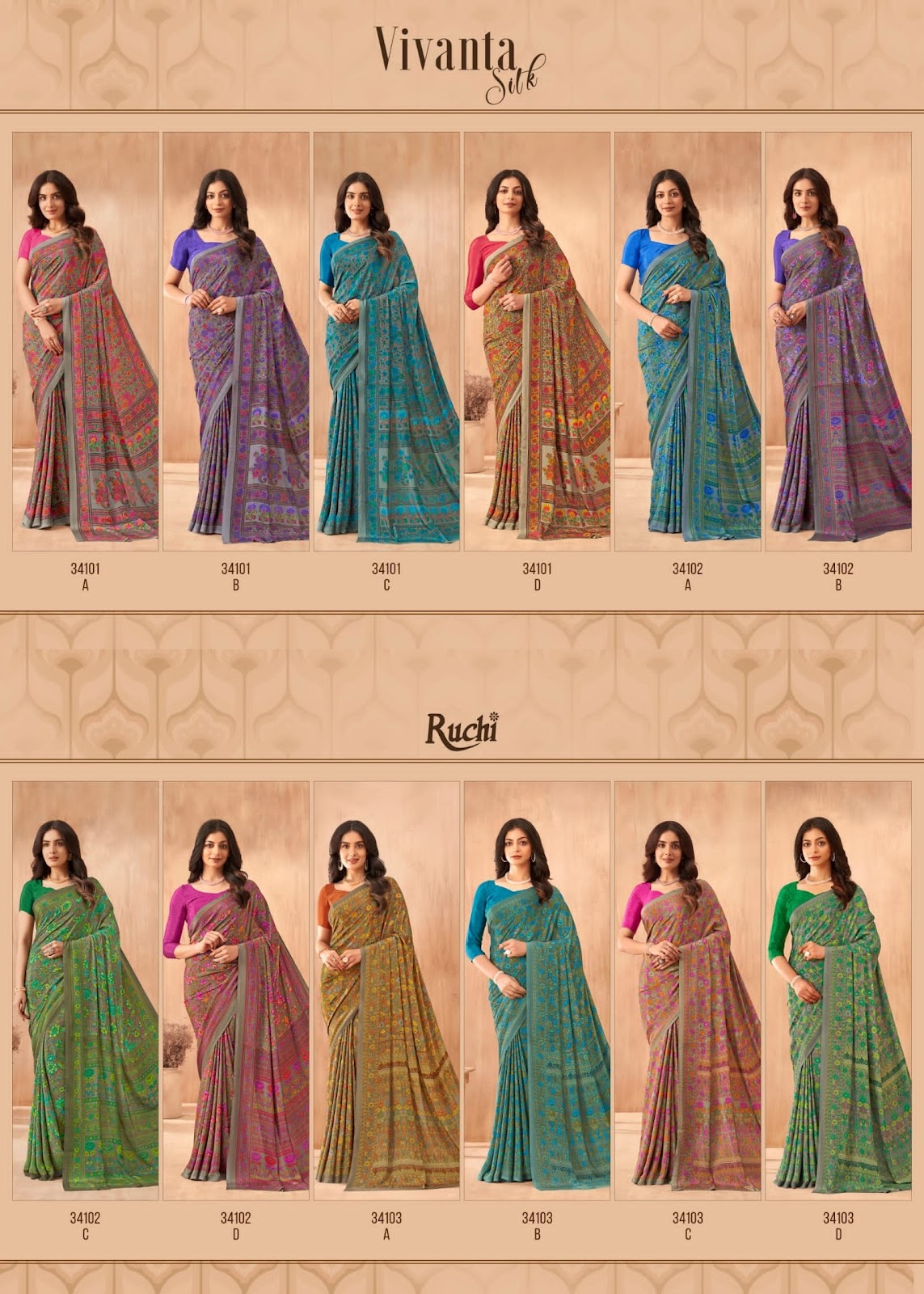 Vivanta Silk 34 Ruchi Silk Crepe Sarees Wholesaler Ahmedabad