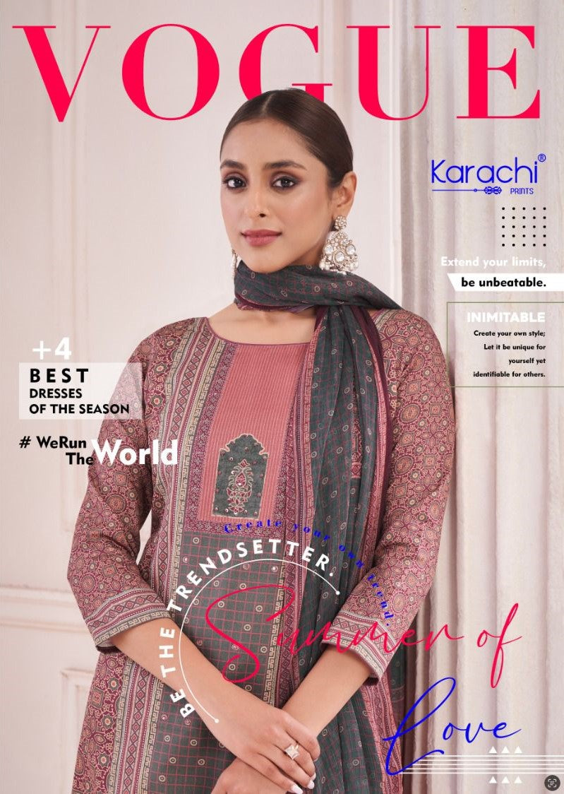 Vogue Karachi Prints Jam Satin Plazzo Style Suits Wholesale