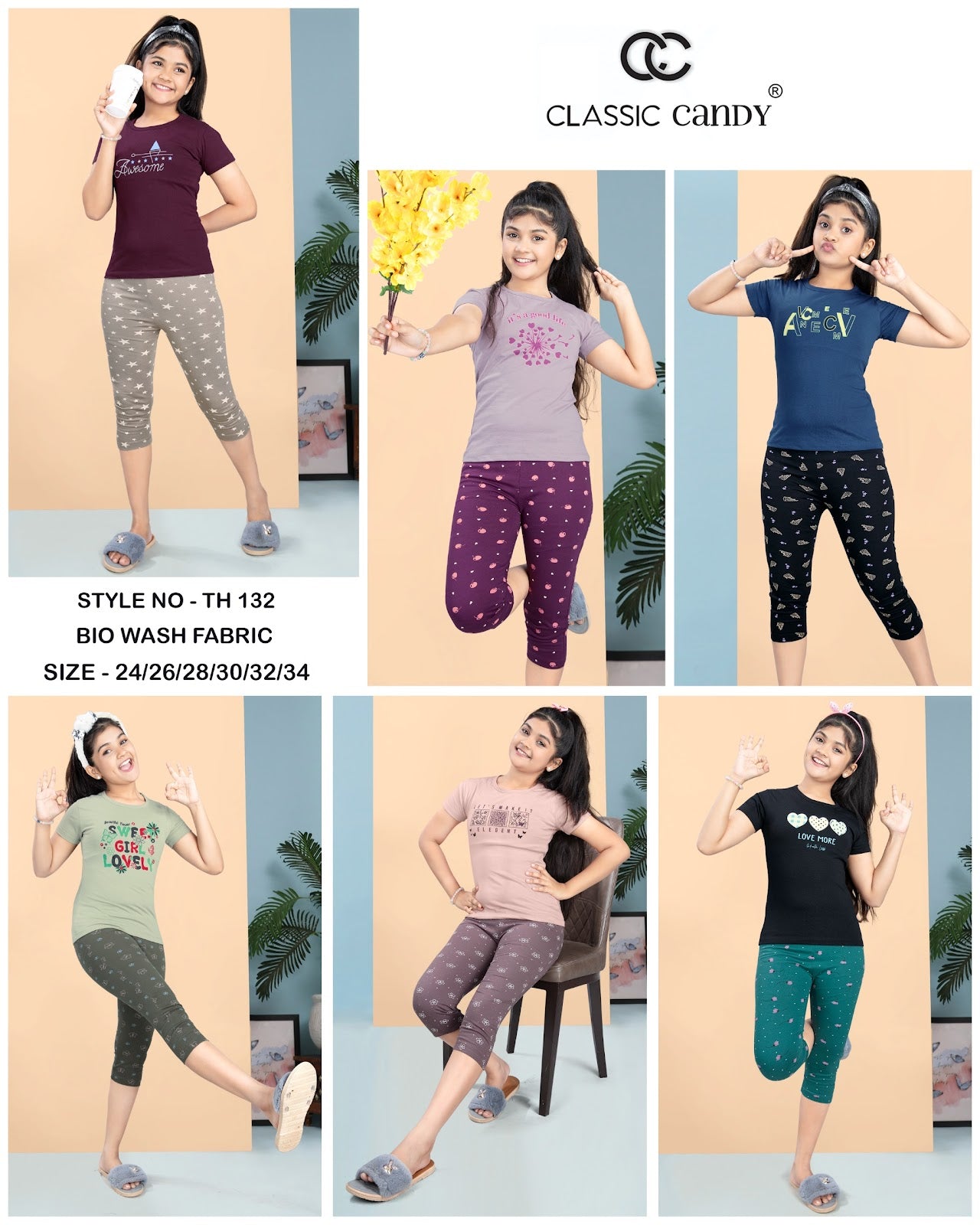 Vol 132 Classic Candy Cotton Biowashed Girls Capri Night Suits Supplier India