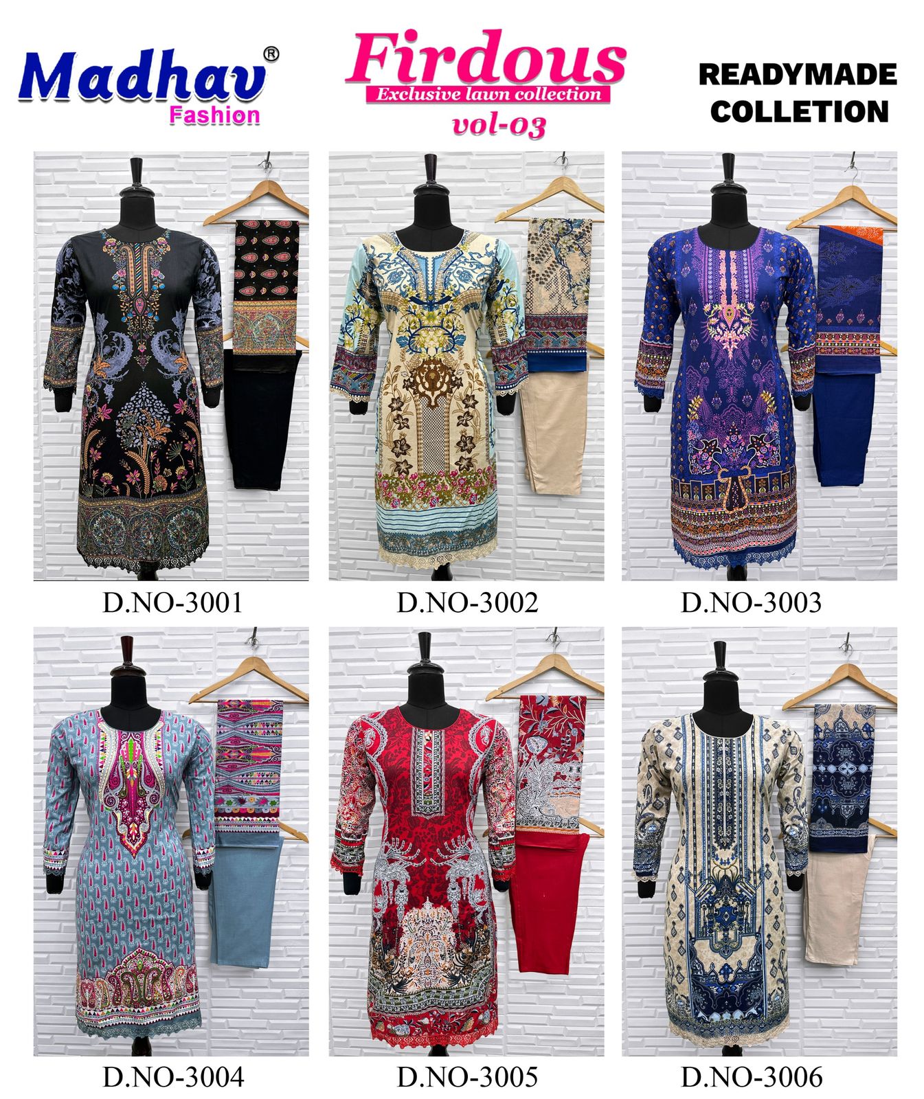 Vol 3 Firdous Exclusive Lawn Collection Madhav Fashion Cotton Karachi Readymade Suits Exporter India