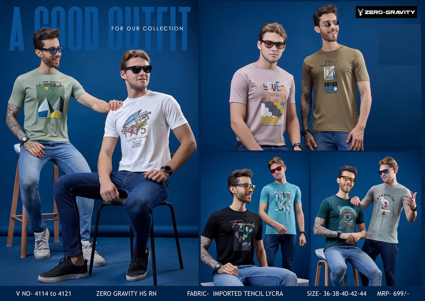 Vol 4114 - 4121 Zero Gravity Tencil Lycra Mens Tshirts Exporter India