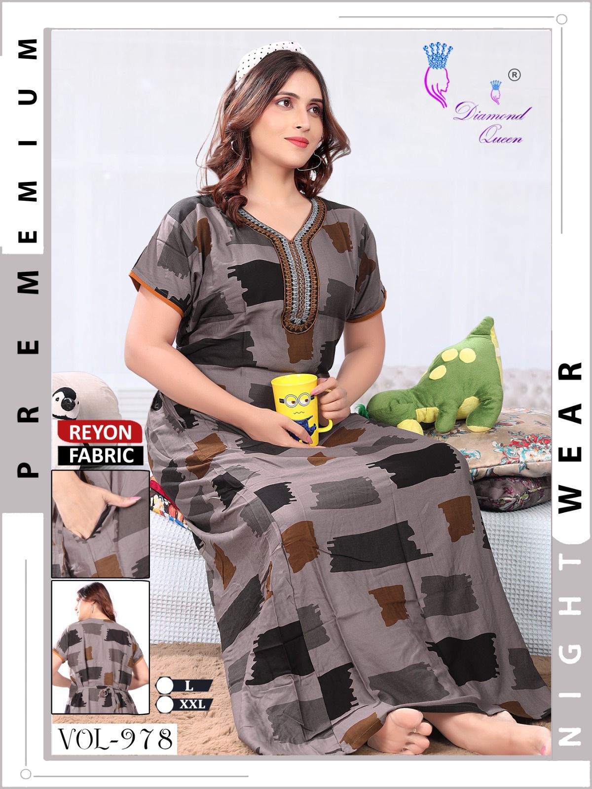 Vol 977-983 Pocket Back Belt Diamond Queen Reyon Night Gowns Supplier Gujarat