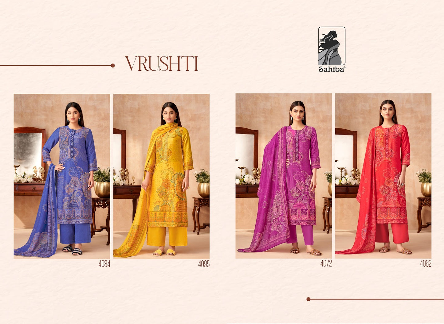 Vrushti Sahiba Simmer Tissue Plazzo Style Suits Wholesaler Ahmedabad