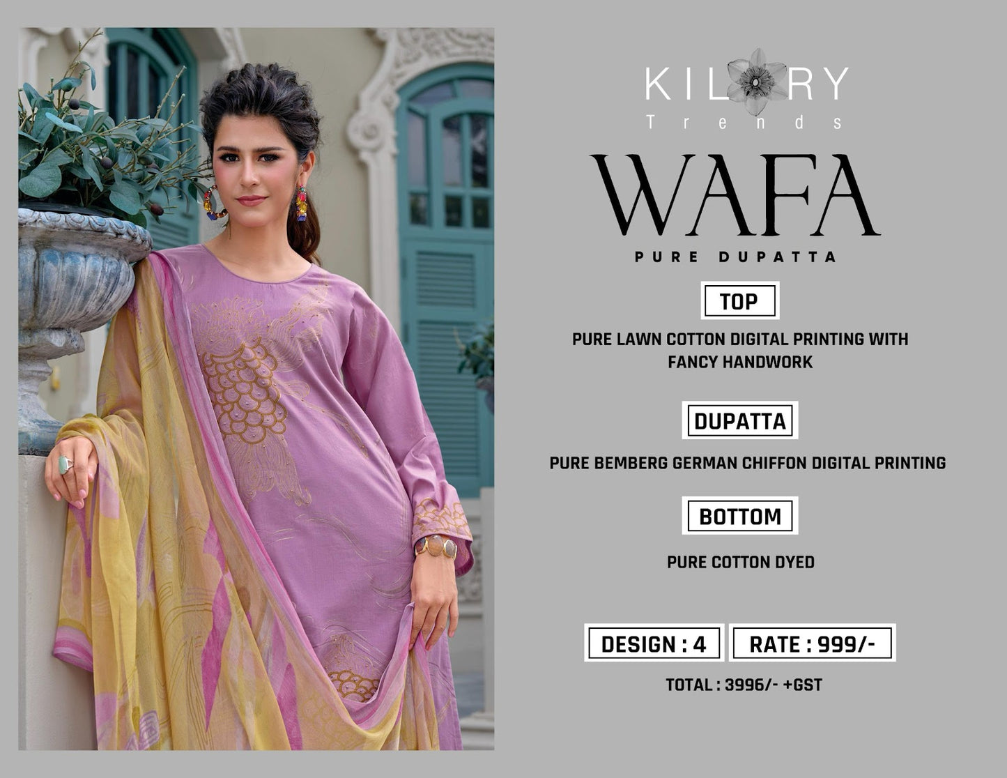 Wafa Kilory Pure Lawn Pant Style Suits Wholesale Price