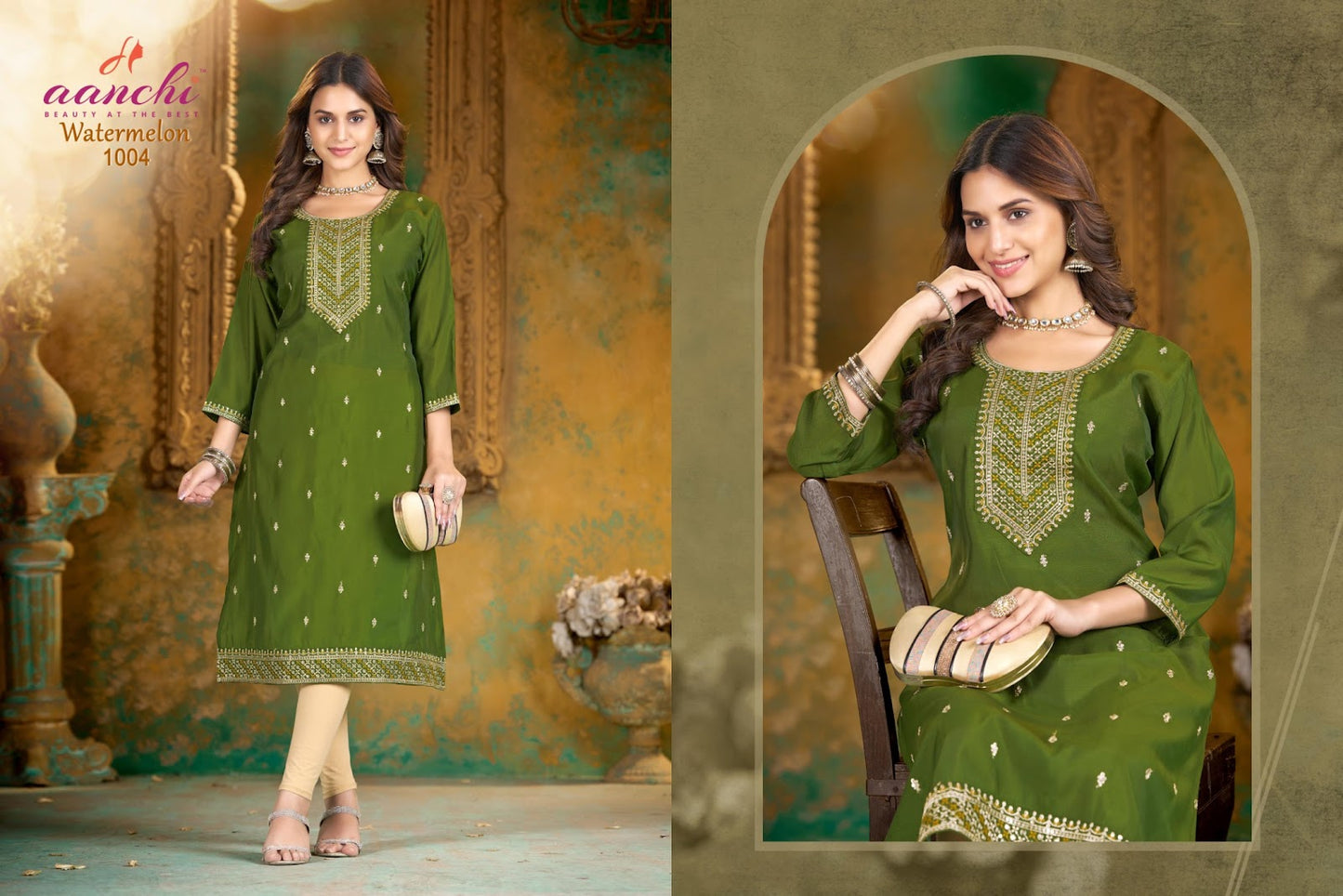 Watermelon Aanchi Roman Silk Knee Length Kurtis Wholesaler