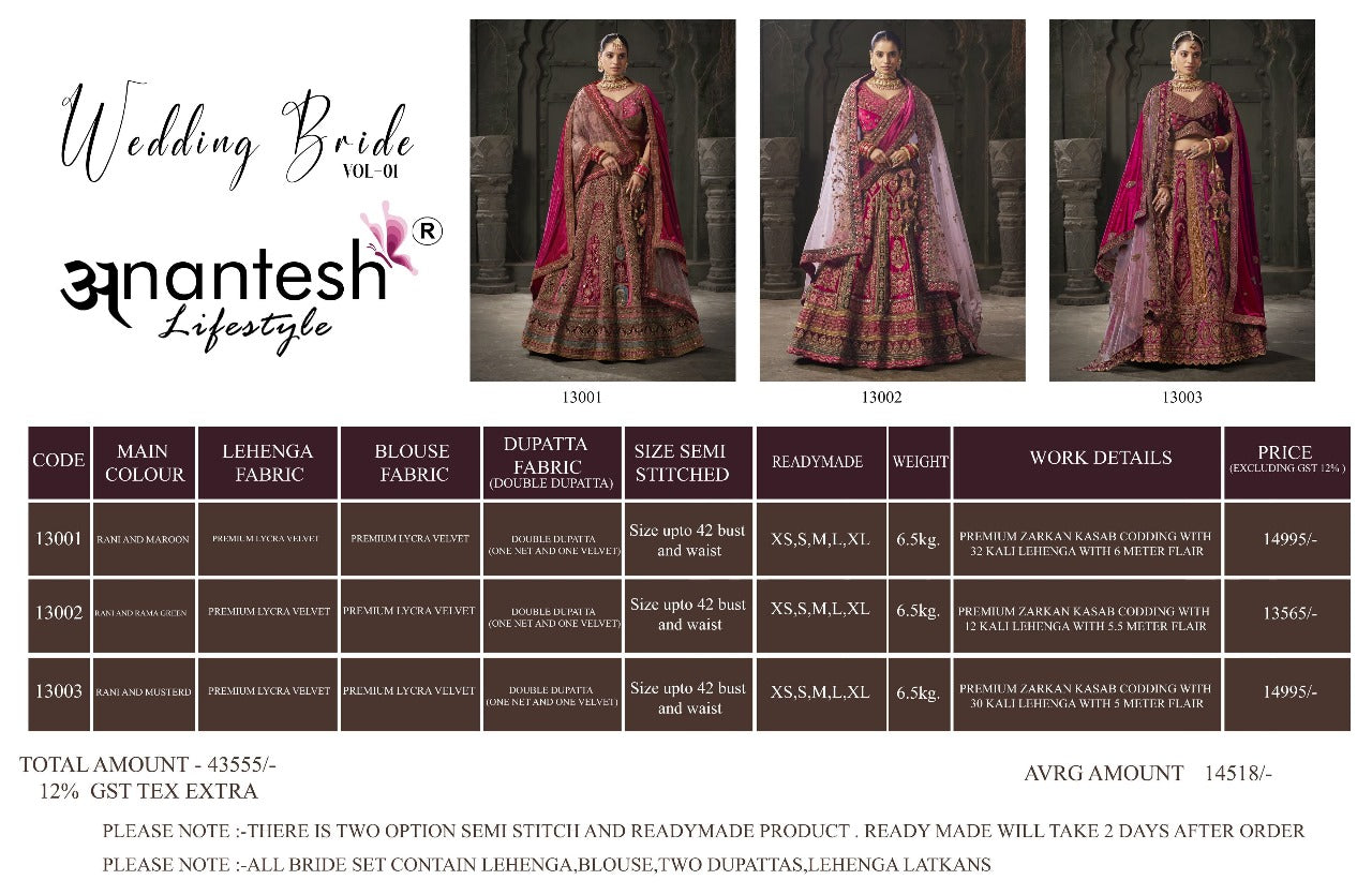 Wedding Bride Vol 1 Anantesh Velvet Bridal Lehenga Choli Wholesaler