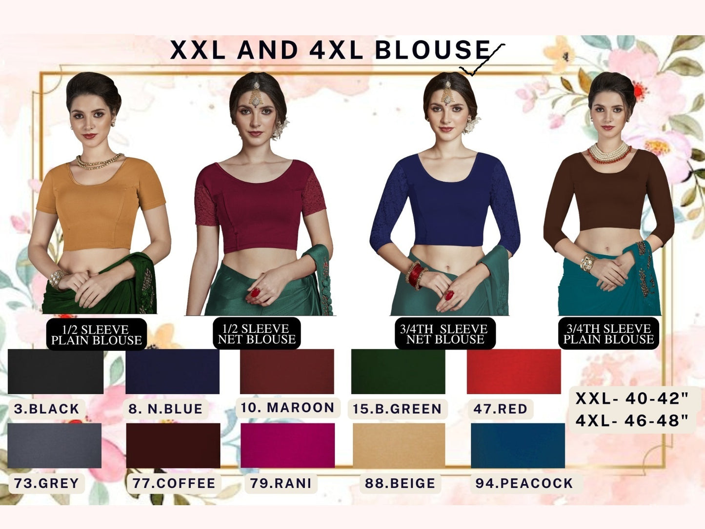 Three Fourth Sleeve Net Xxl 4Xl Size Jisha Blouse Exporter Ahmedabad