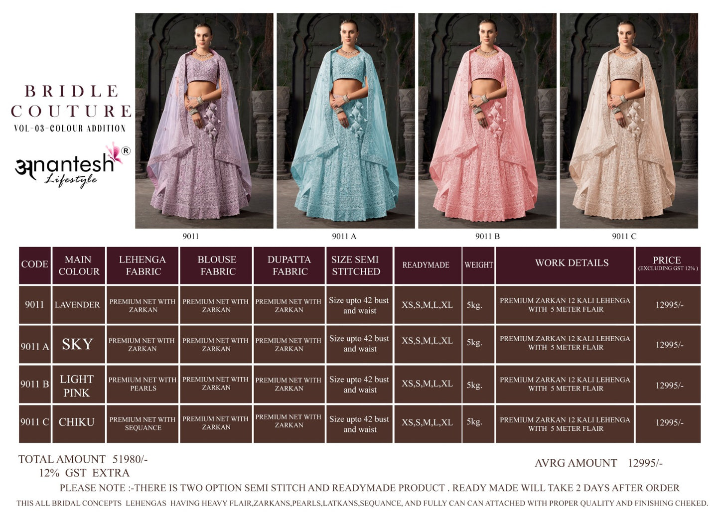 Bridal Couture Vol 03 9011 Anantesh Net Readymade Lehenga Choli Wholesale Rate