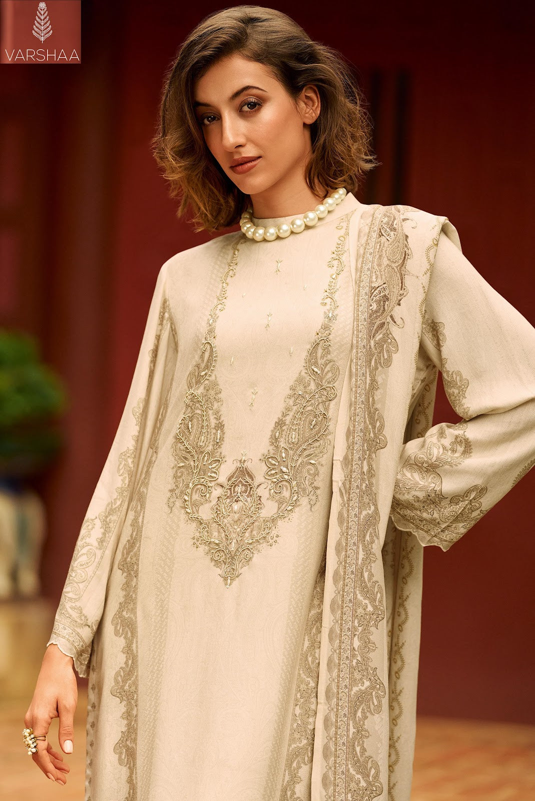 White Gold Varshaa Pashmina Suits Wholesale Price