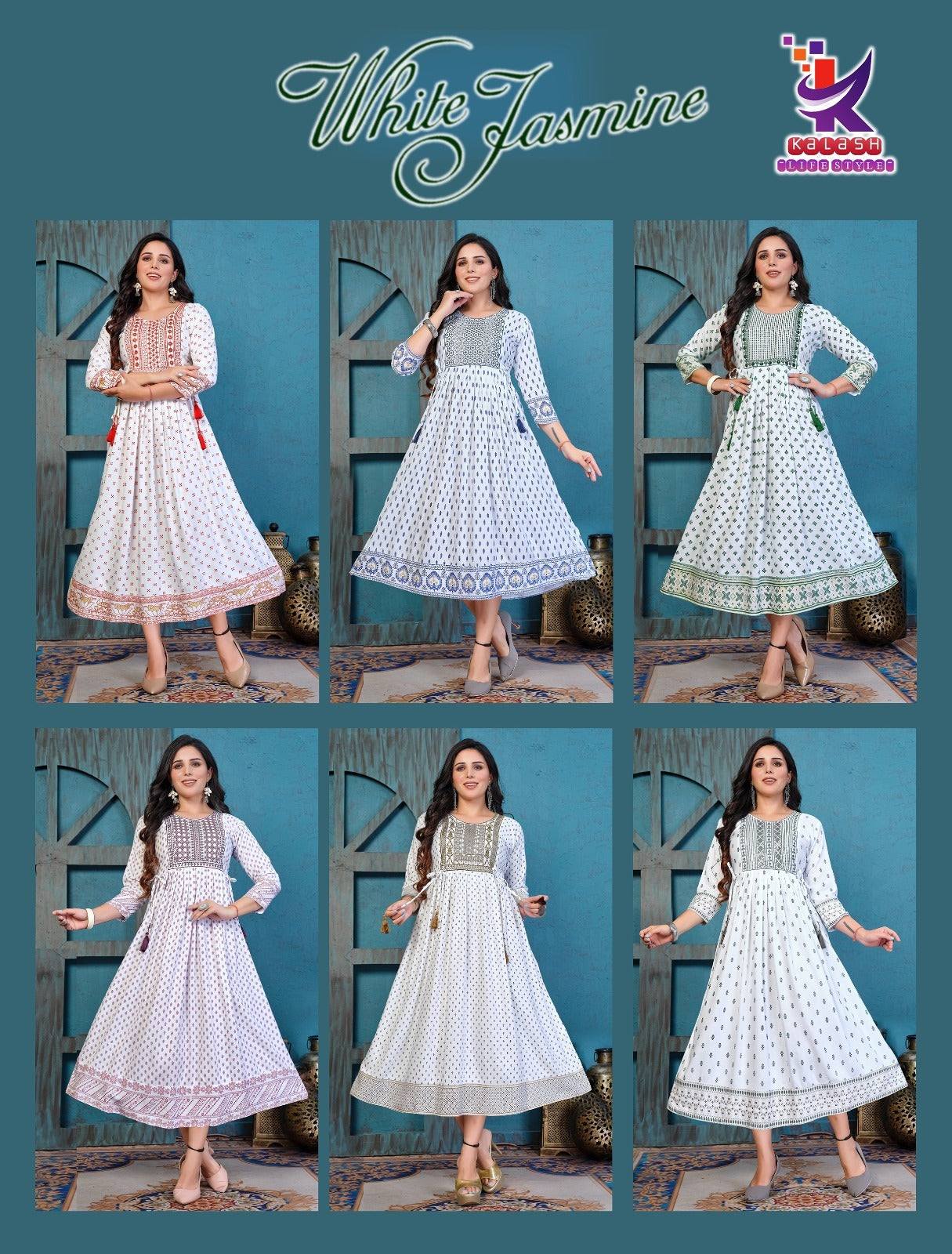 White Jasmine Mlm Kalash Lifestyle Rayon 14Kg Anarkali Kurtis Wholesaler