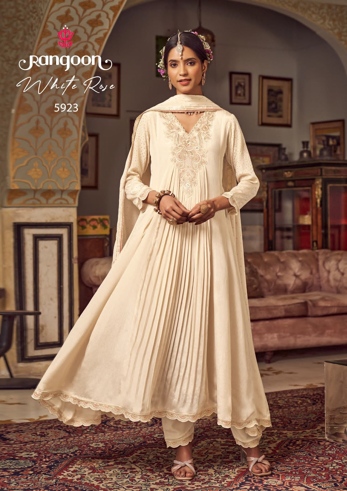 White Rose Rangoon Chinon Readymade Anarkali Suits Manufacturer India