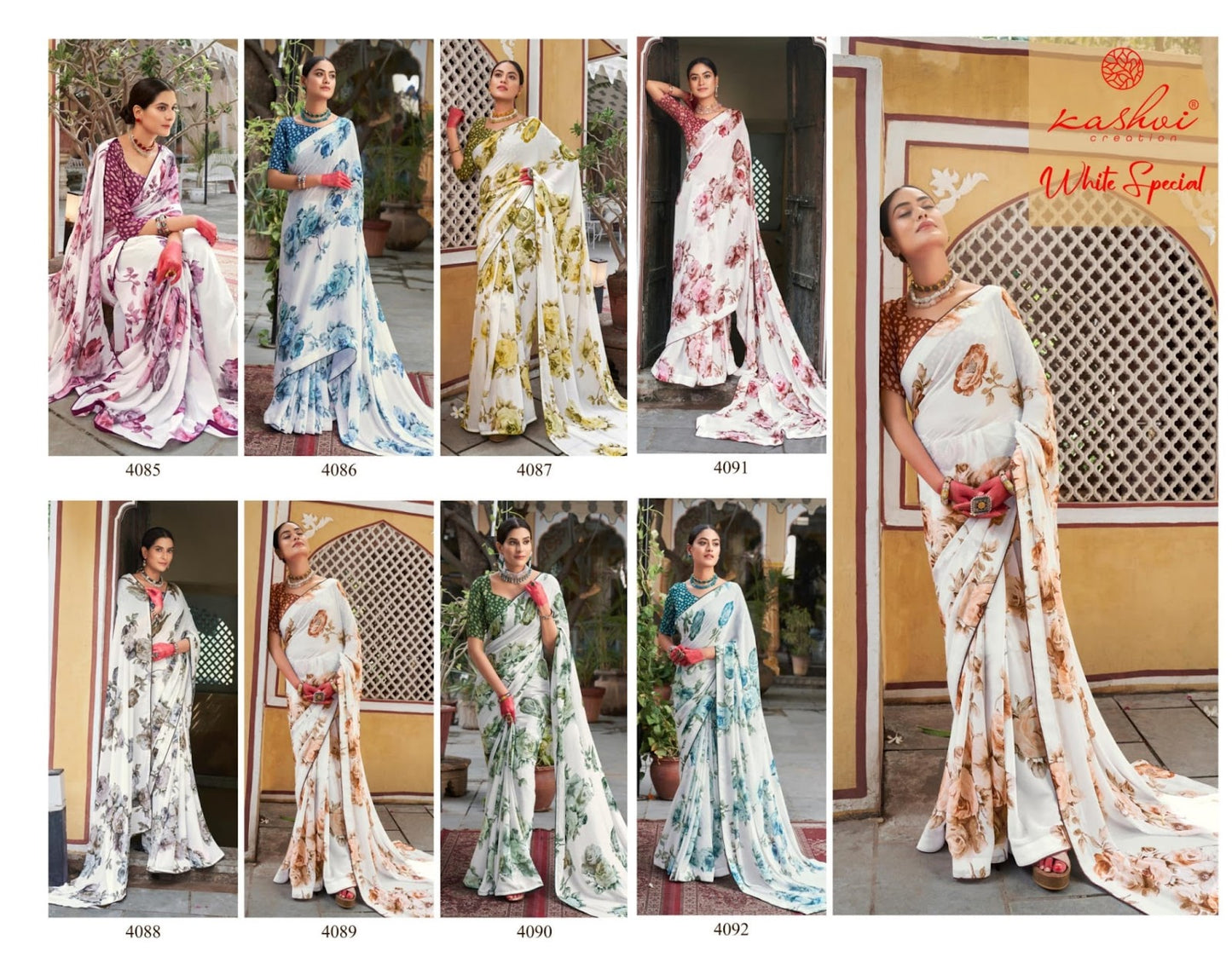 White Special Kashvi Creation Dull Moss Sarees Manufacturer Gujarat