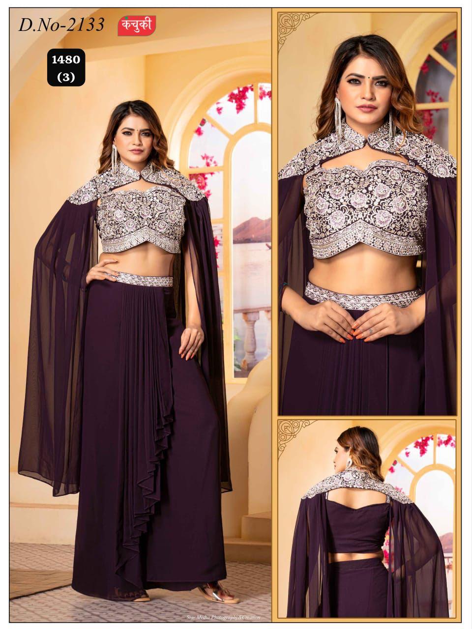 Wholesale Designer Indo-Western Ruffle Saree Gown with Embroidered Cape Blouse - D.No-2133 | Lowest Price