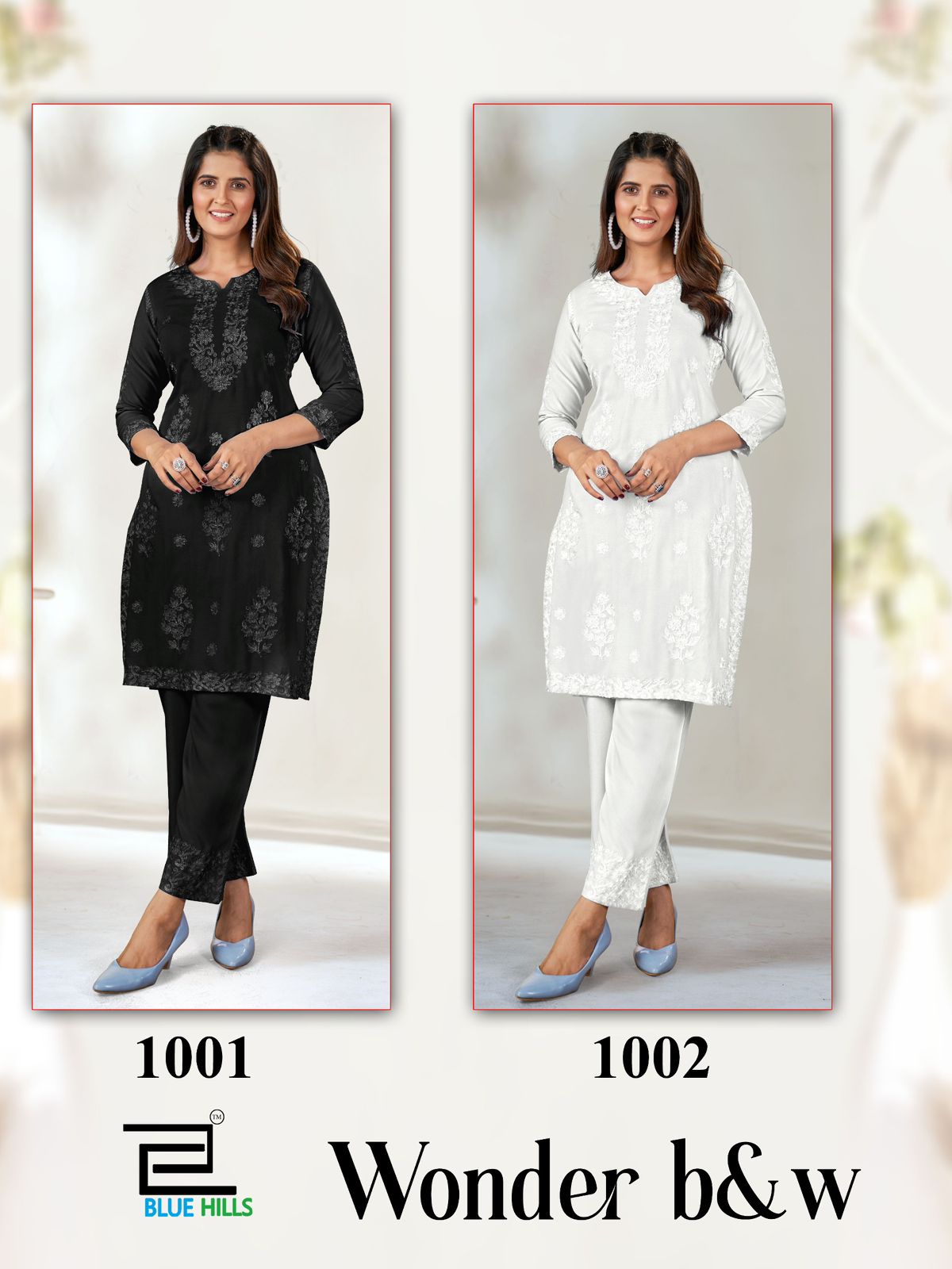 Wonder Black-White Blue Hills Rayon 14Kg Kurti Pant Set Manufacturer