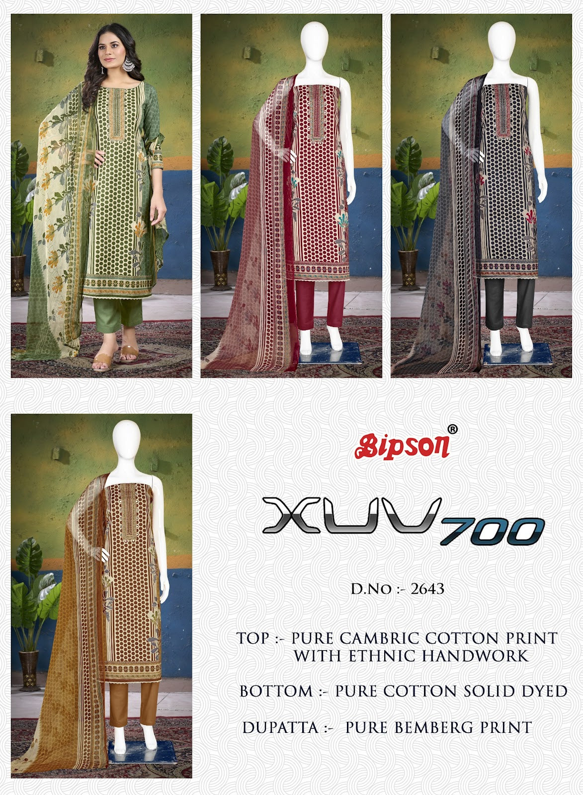 Xuv 700- 2643 Bipson Prints Cambric Cotton Pant Style Suits Supplier Ahmedabad