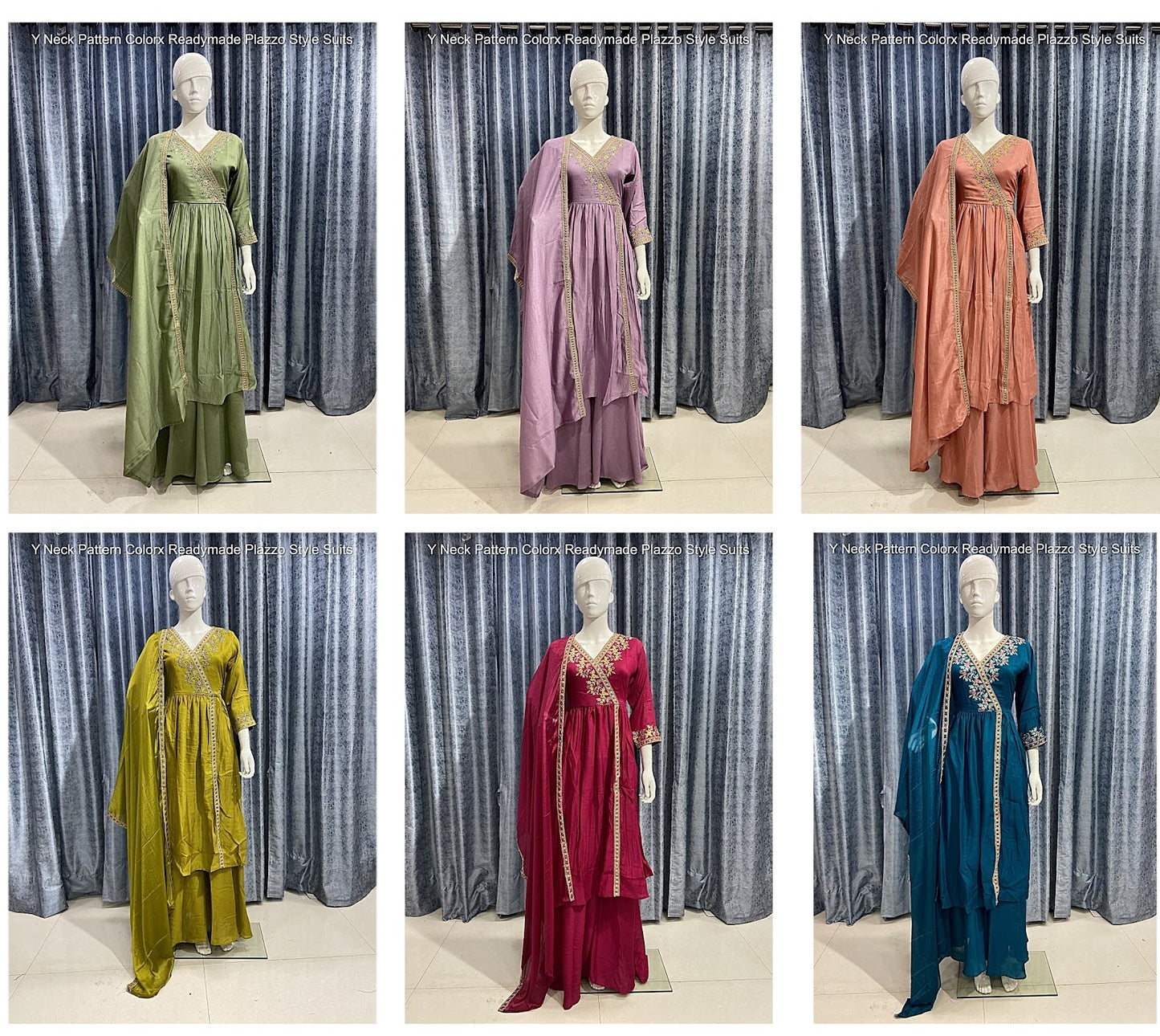 Y Neck Pattern Colorx Vichitra Readymade Plazzo Style Suits Wholesale