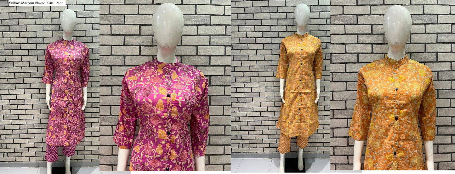 Yellow-Maroon Navad Cotton Kurti Pant Set