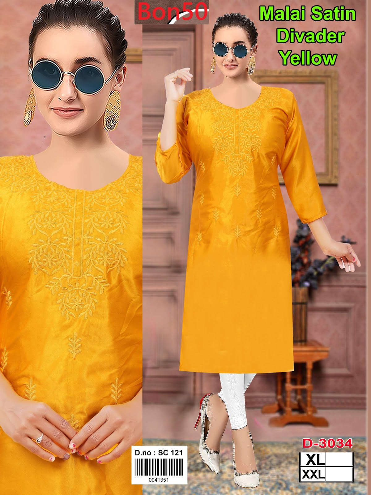 Yellow 3034-3036 Bon50 Satin Straight Cut Kurtis Exporter Ahmedabad