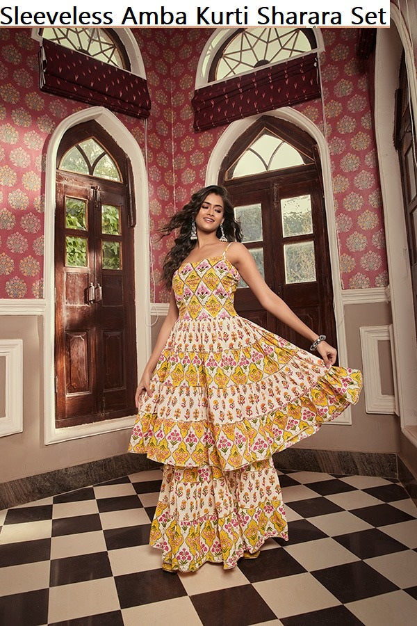 Sleeveless Amba Cotton Kurti Sharara Set Exporter India