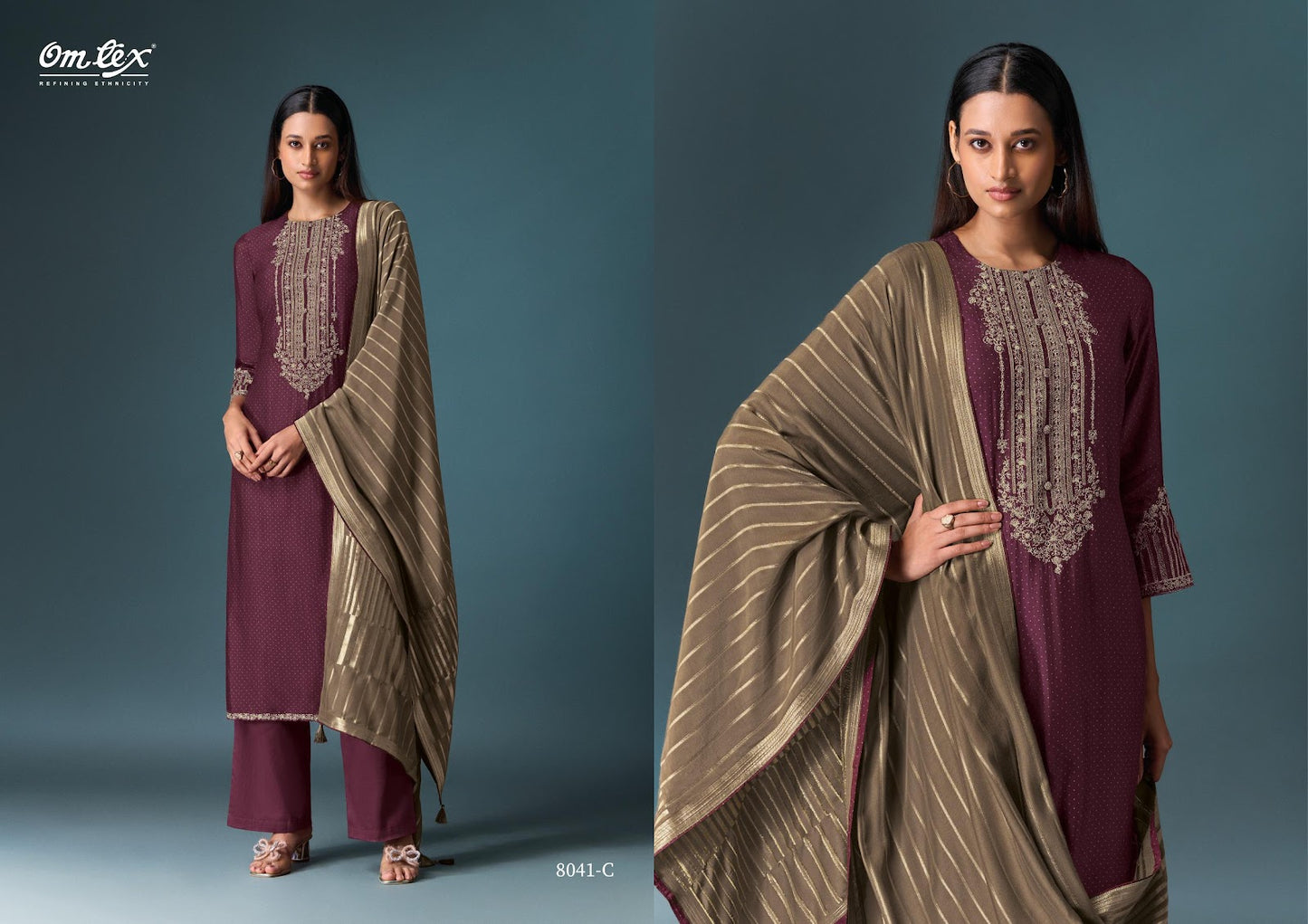 Yugvika Omtex Silk Pant Style Suits Wholesaler Ahmedabad