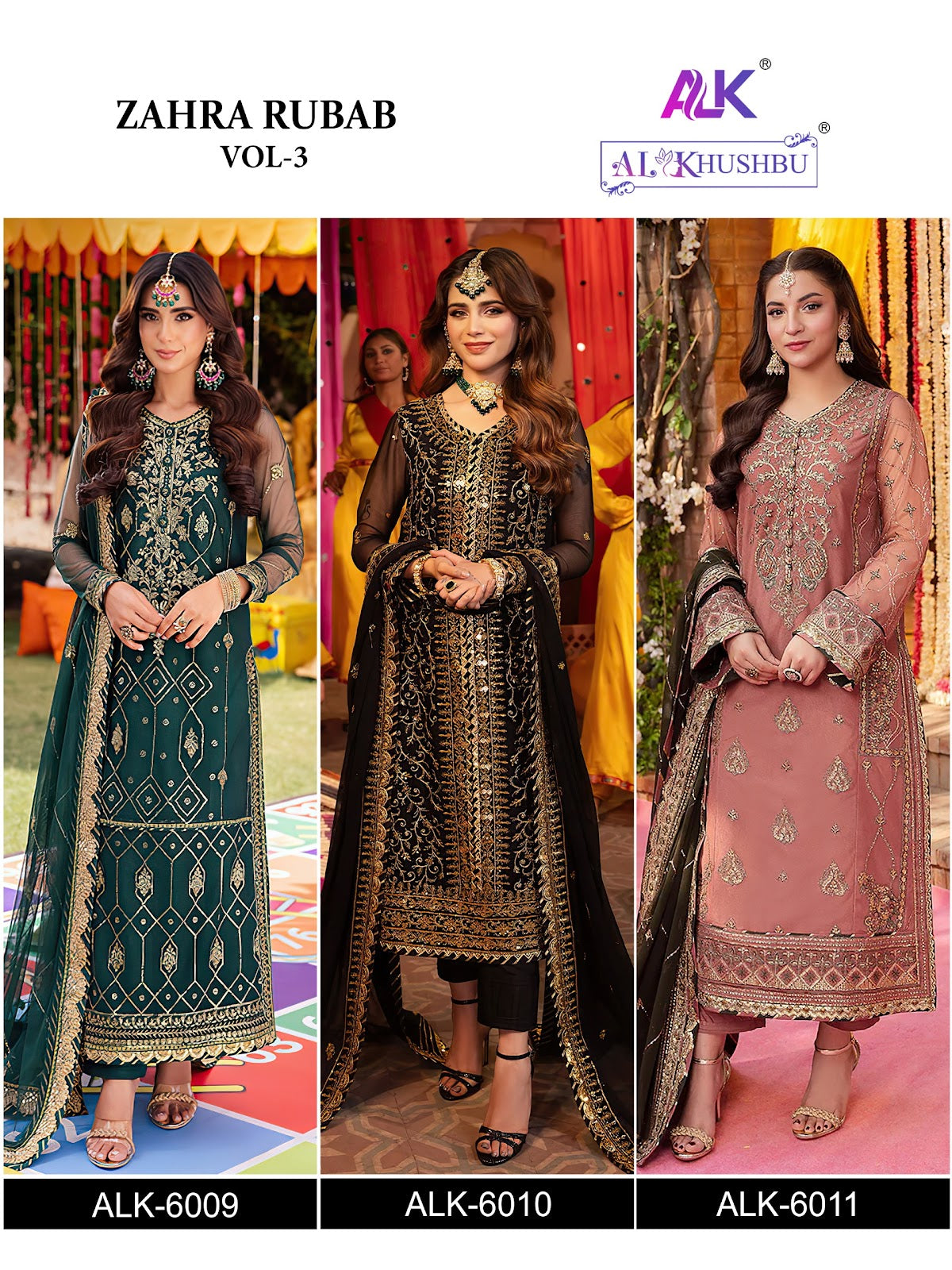 Zahra Rubab Vol 3 6009-6011 Alk Georgette Pakistani Salwar Suits Manufacturer India