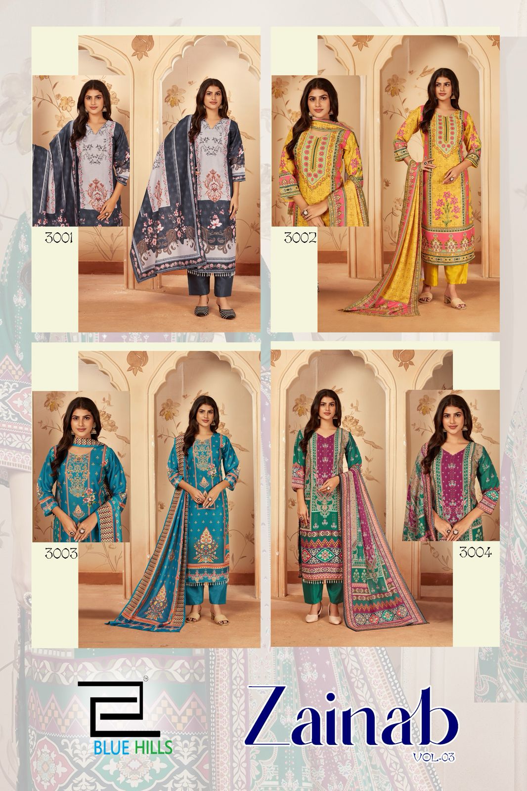 Zainab Vol 3 Blue Hills Poly Muslin Karachi Readymade Suits Supplier Ahmedabad