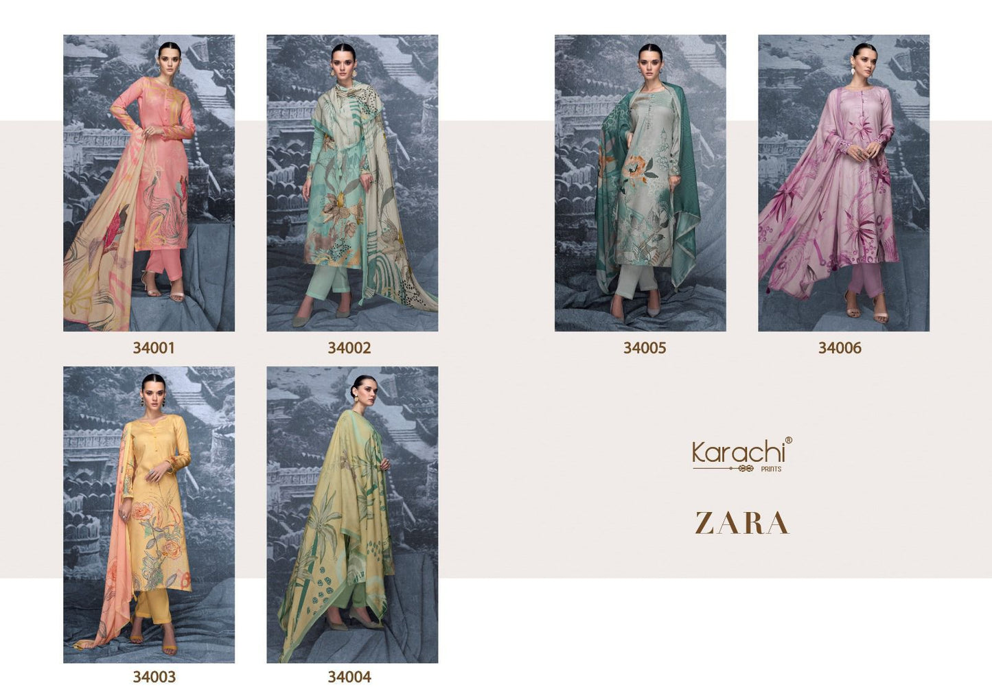 Zara-34001 To 34006 Karachi Prints Jaam Silk Pant Style Suits