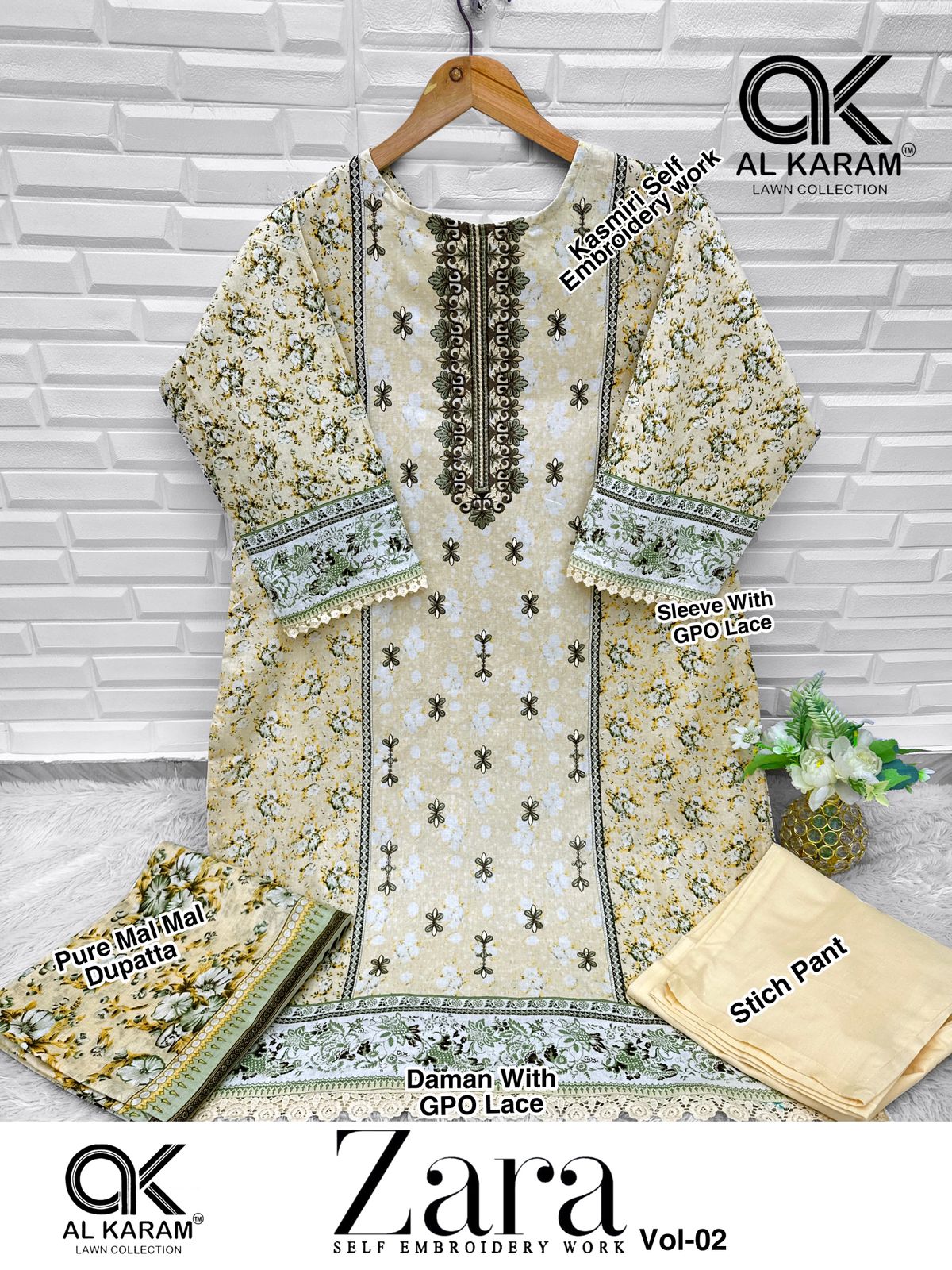 Zara Vol 2 Self Embroidery Work Al Karam Lawn Cotton Karachi Readymade Suits Wholesaler India