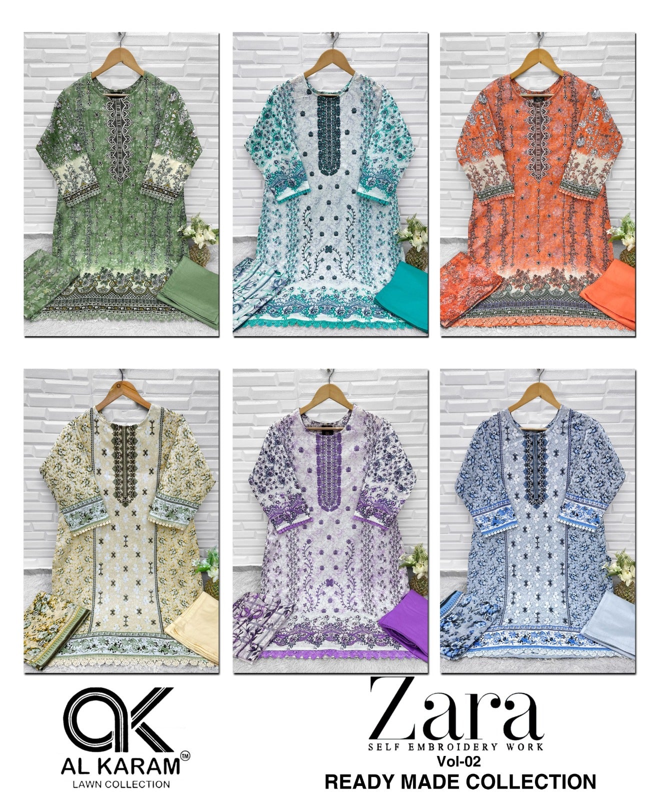 Zara Vol 2 Self Embroidery Work Al Karam Lawn Cotton Karachi Readymade Suits Wholesaler India