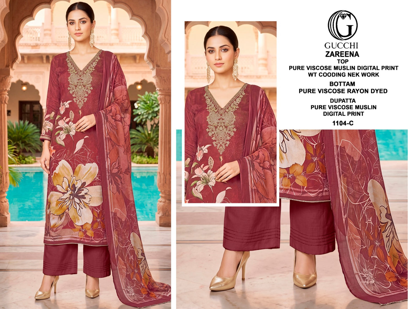 Zareena 1103-1104 Gucchi Viscose Muslin Pant Style Suits Supplier Gujarat