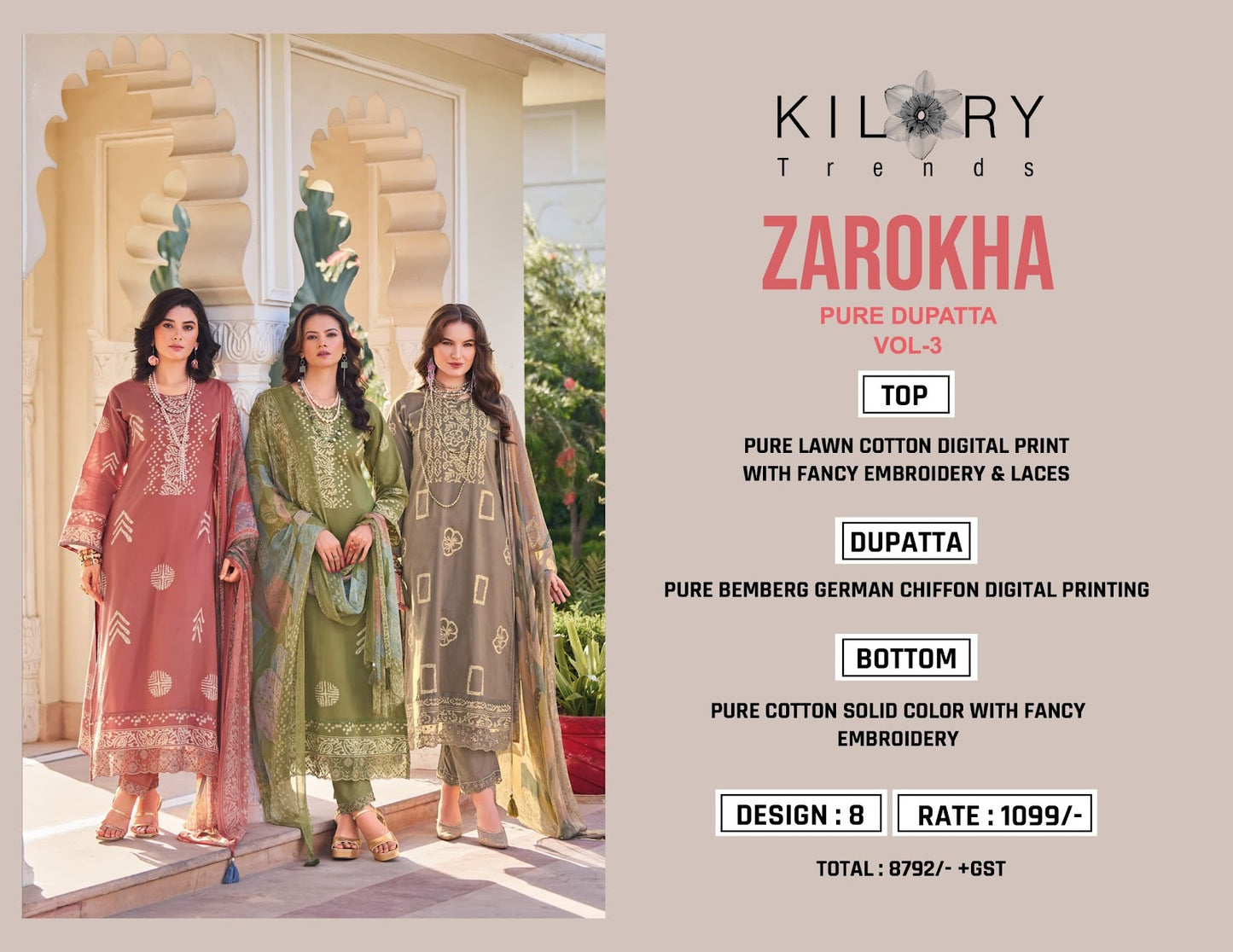 Zarokha 3 Kilory Pure Bemberg Pant Style Suits Exporter Ahmedabad