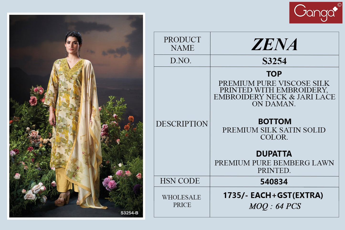 Zena 3254 Ganga Premium Viscose Plazzo Style Suits Exporter Gujarat