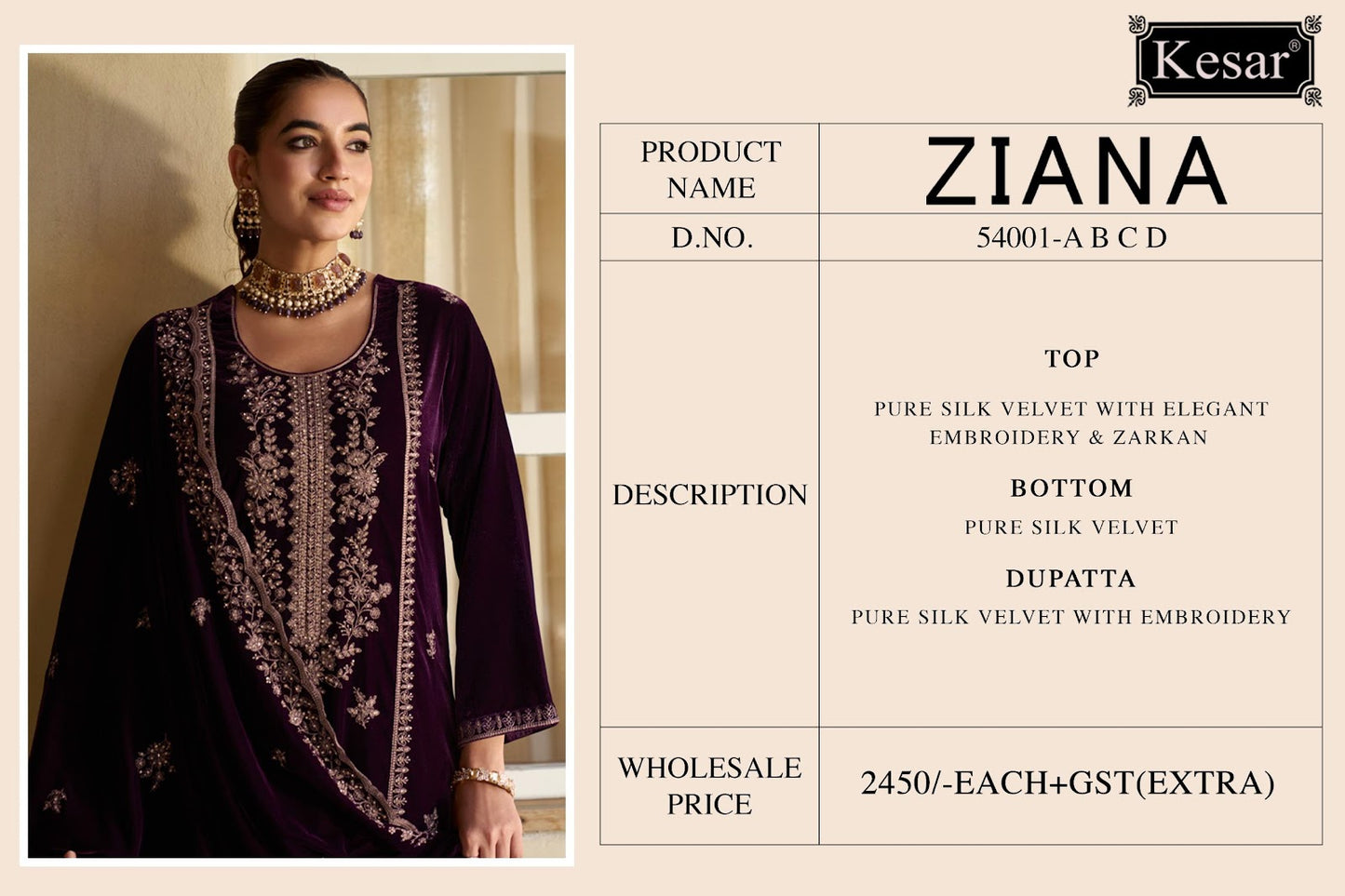 Ziana Kesar Velvet Suits Wholesale Price