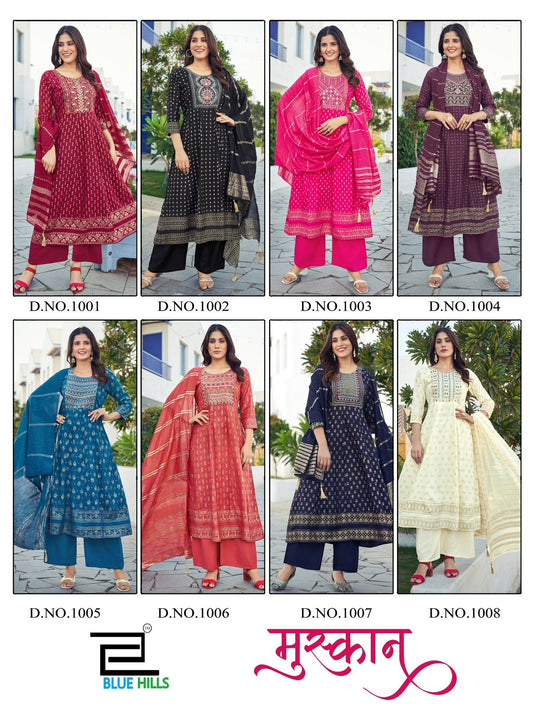 Muskan Blue Hills Rayon 14Kg Readymade Plazzo Style Suits Wholesaler Gujarat