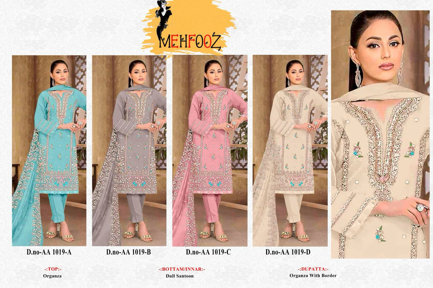1019 Mehfooz Organza Pakistani Salwar Suits