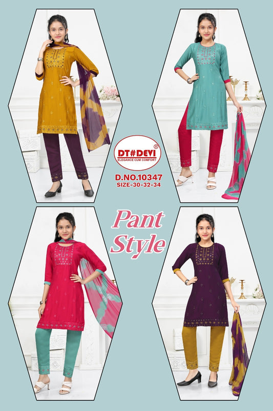 10347 Dt Devi Silk Girls Readymade Pant Suits