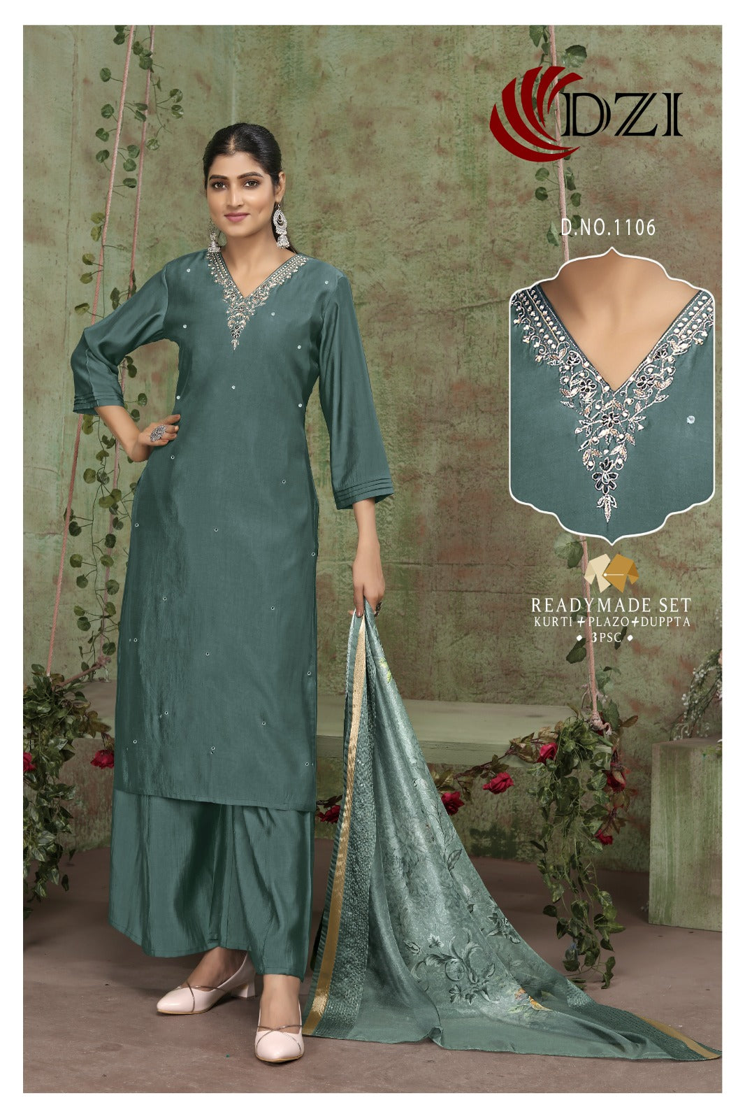 1106 Dzi Roman Silk Readymade Plazzo Style Suits
