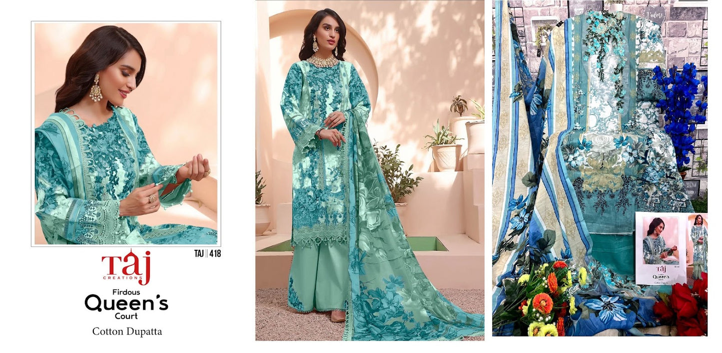 418-419 Taj Creations Cotton Pakistani Patch Work Suits