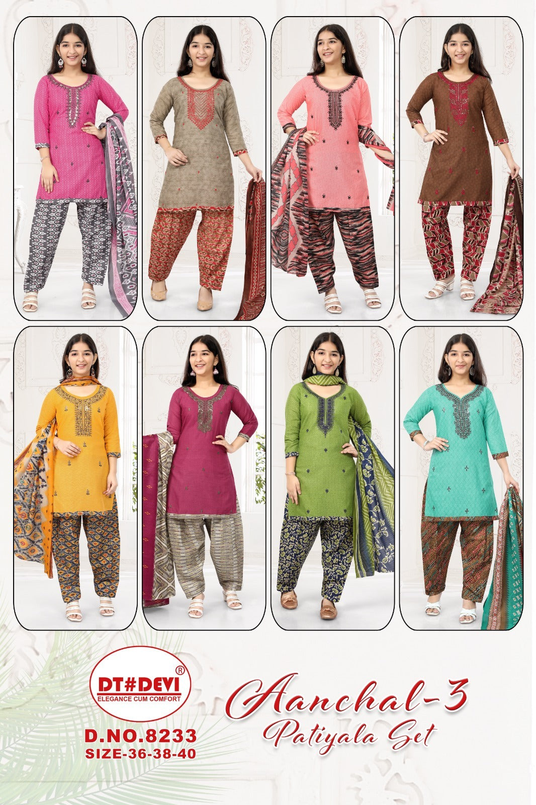 8233-Aanchal Vol 3 Dt Devi Rayon Readymade Patiyala Suits