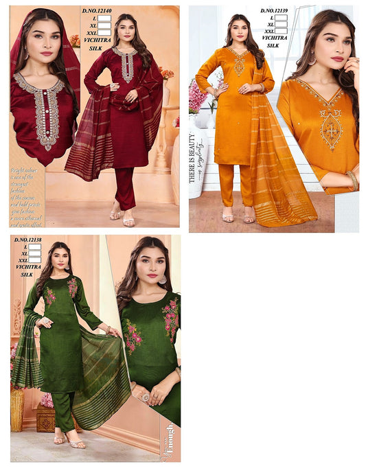 12138-39-40 Kh Vichitra Silk Readymade Pant Style Suits