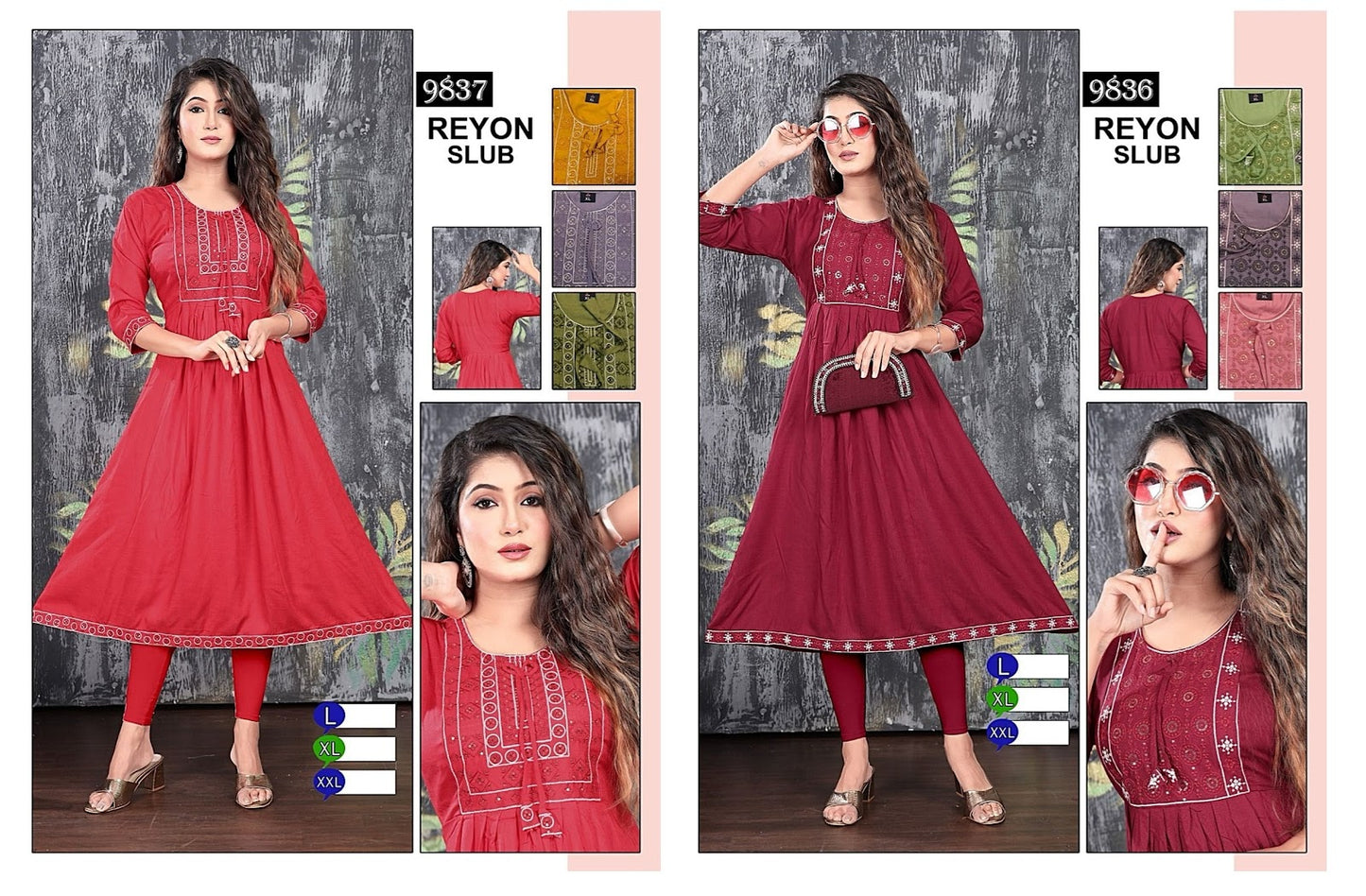 9836-9837 Mmc Rayon Slub Anarkali Kurtis